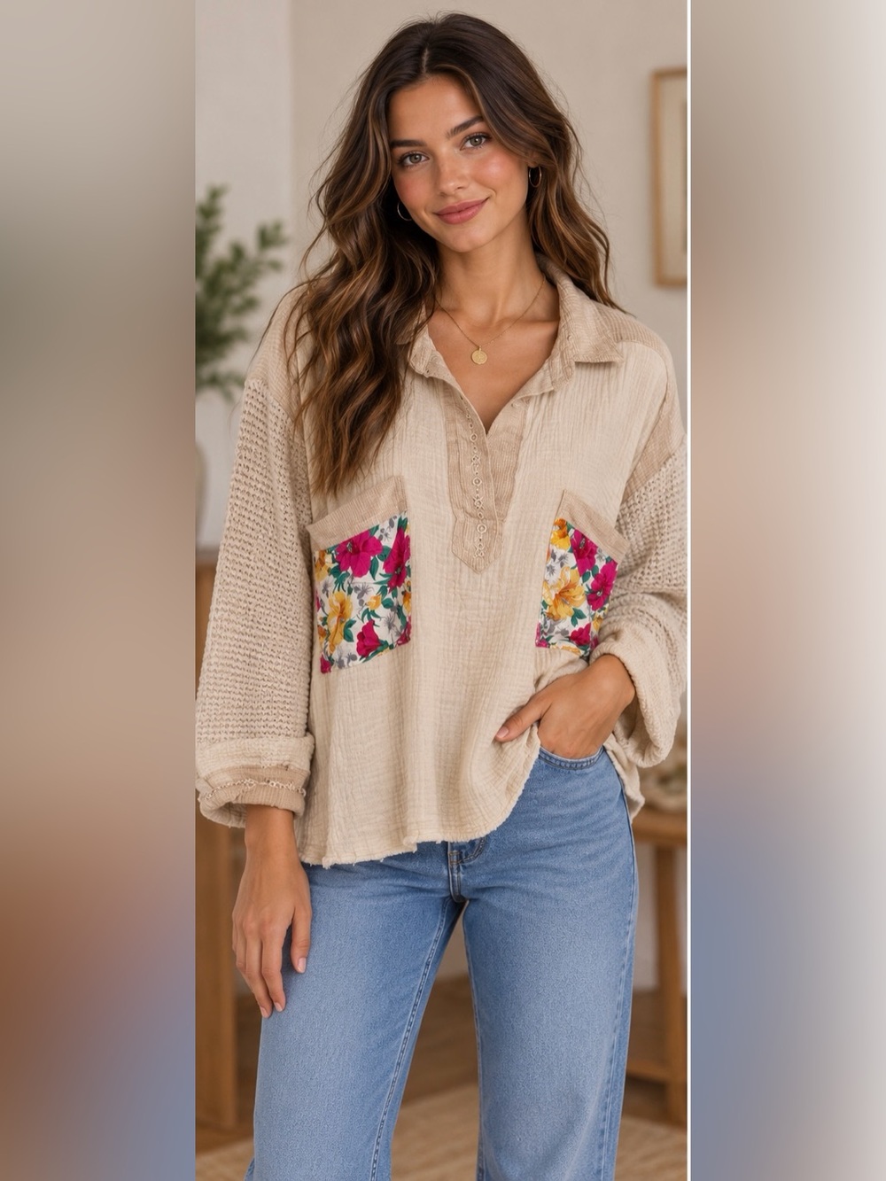 POL Cream Mixed Media Long-Sleeve Henley with Floral Patch Pockets